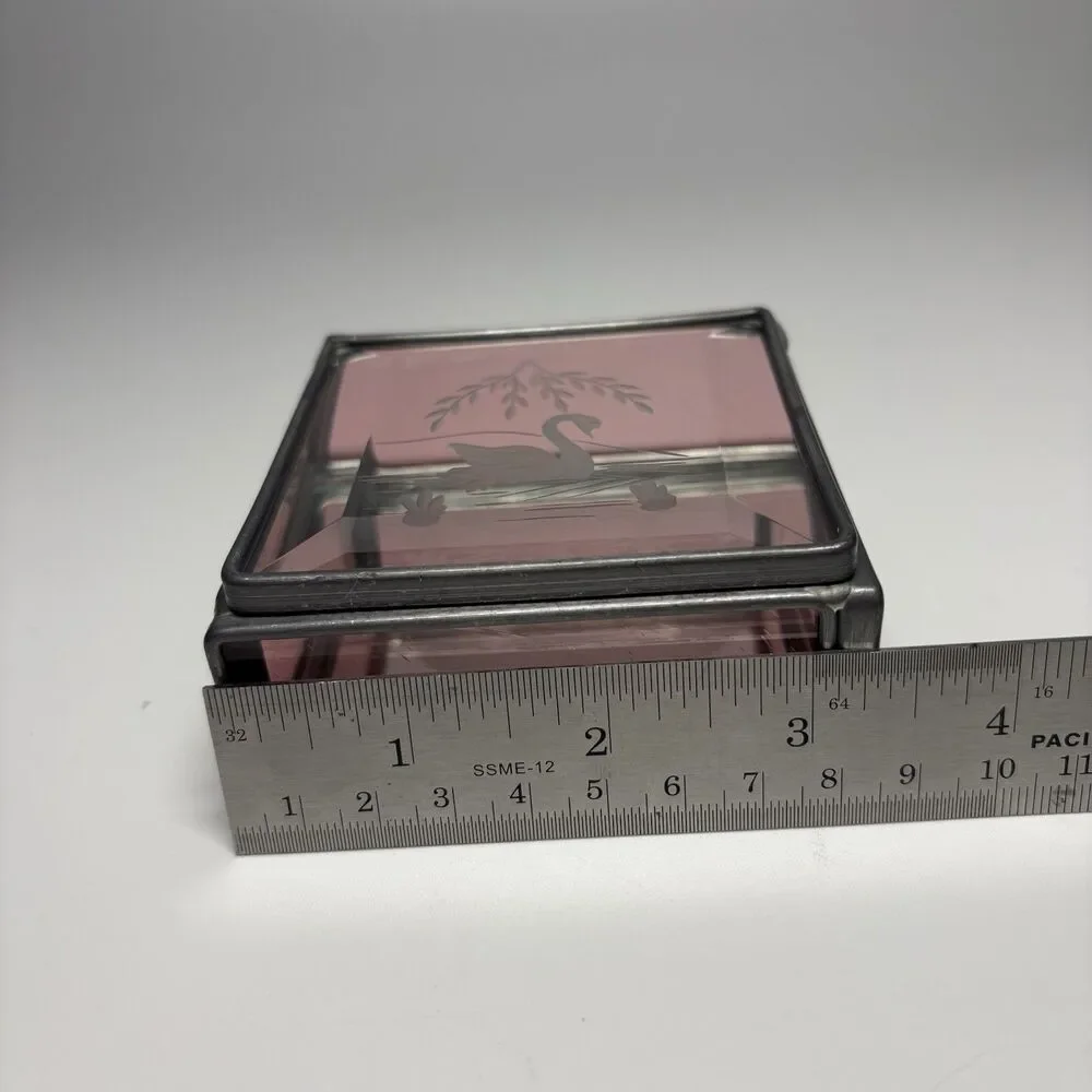 Vintage Beveled Glass Trinket Jewelry Box Etched Swan Mirrored Pink